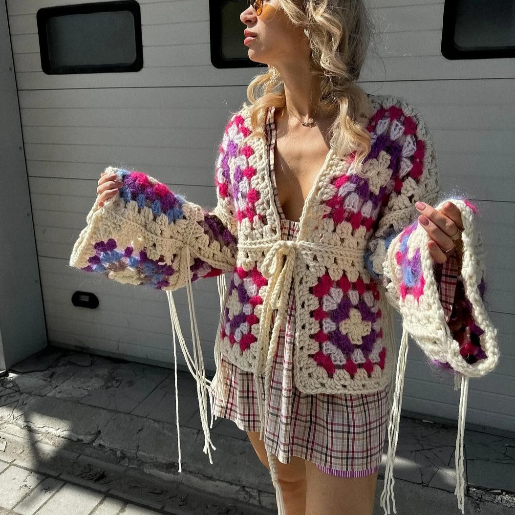 

Handmade Crochet Hollow Out Sweater Robe For Women Cardigan Long Sleeve V Neck Oversized Autumn Winter Sweaters Pull Jumper Boho