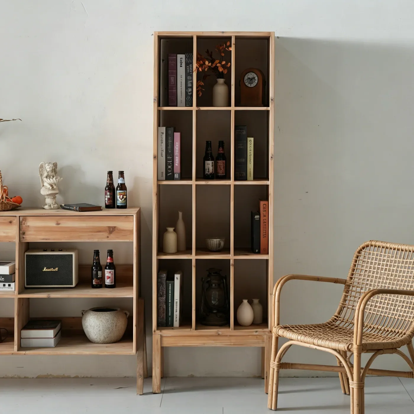 Wabi Sansan wind solid wood partition bookshelf Japanese log grille shelf against the wall Wenwan display B & B Bogu shelf