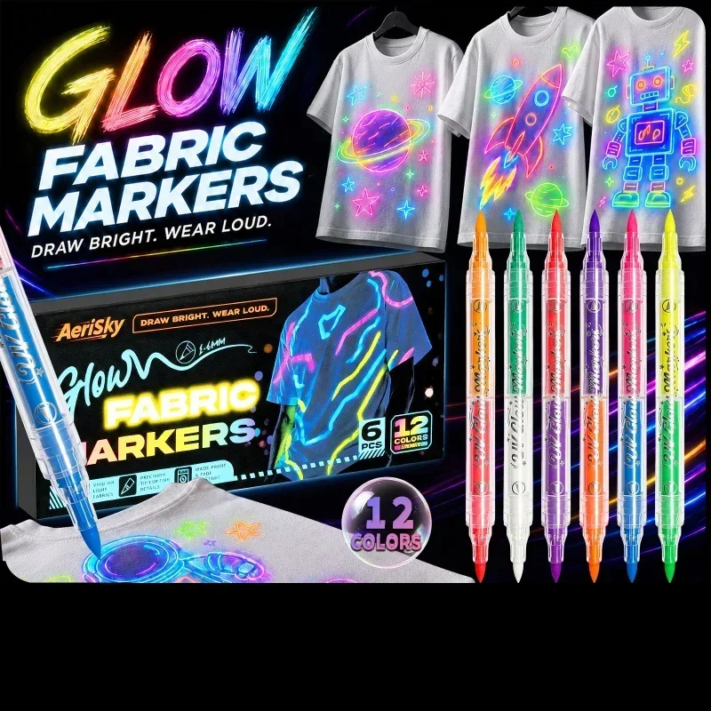 12 Colors Fluorescent Glow Fabric Markers Set Dual Tip Neon Textile Paint Pens Fabric Marker for T-shirt Clothes DIY Art Craft