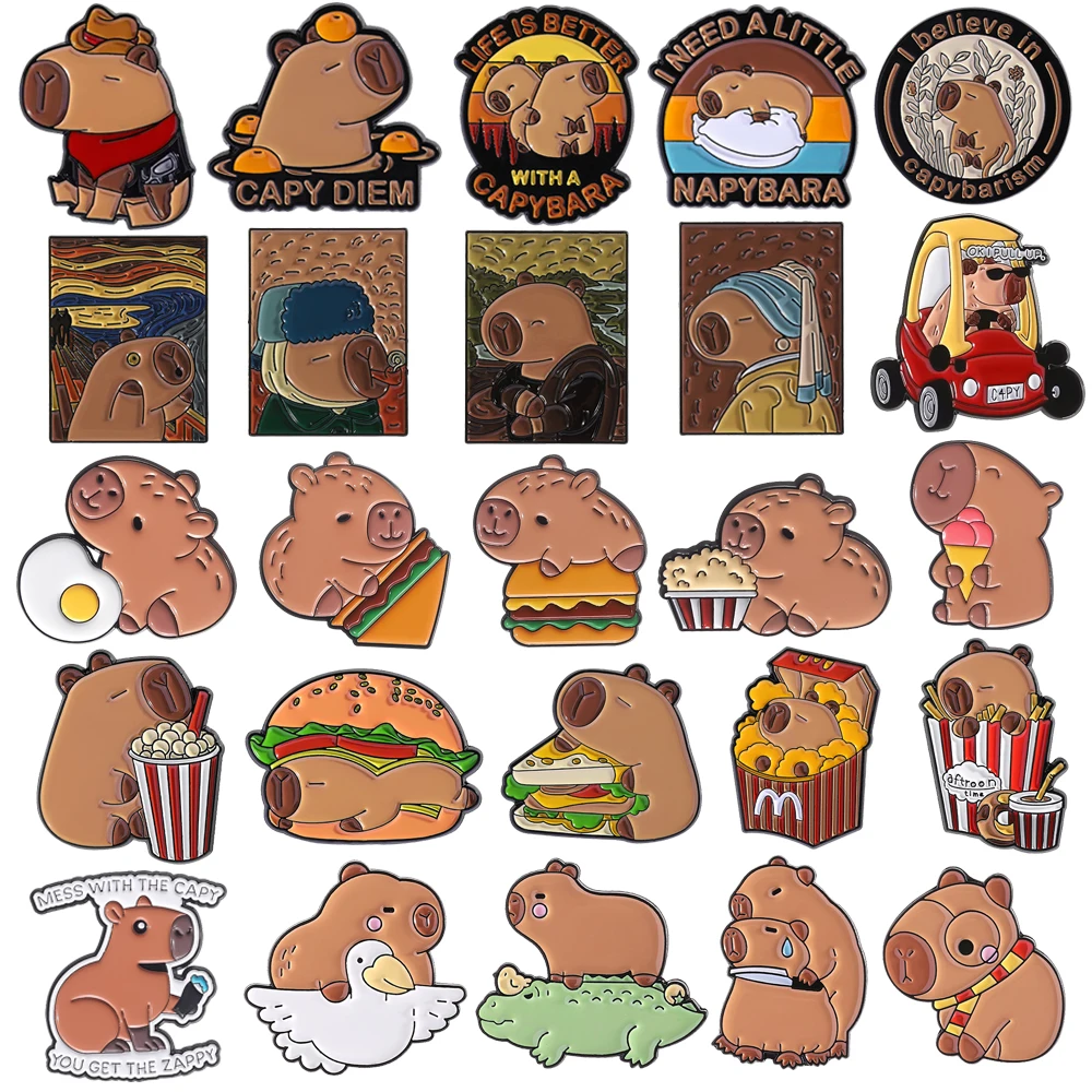 Creative Capybara Enamel Pins Lapel Brooches Cowboy OilPainting Car Burger Sandwich Dagger Funny Capybara Cartoon Badge Jewelry