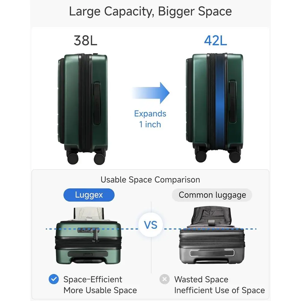 20 Inch Expandable Polycarbonate Suitcase with Front Pocket, Airline Approved, FLO5 Series, Green (FX-Core)