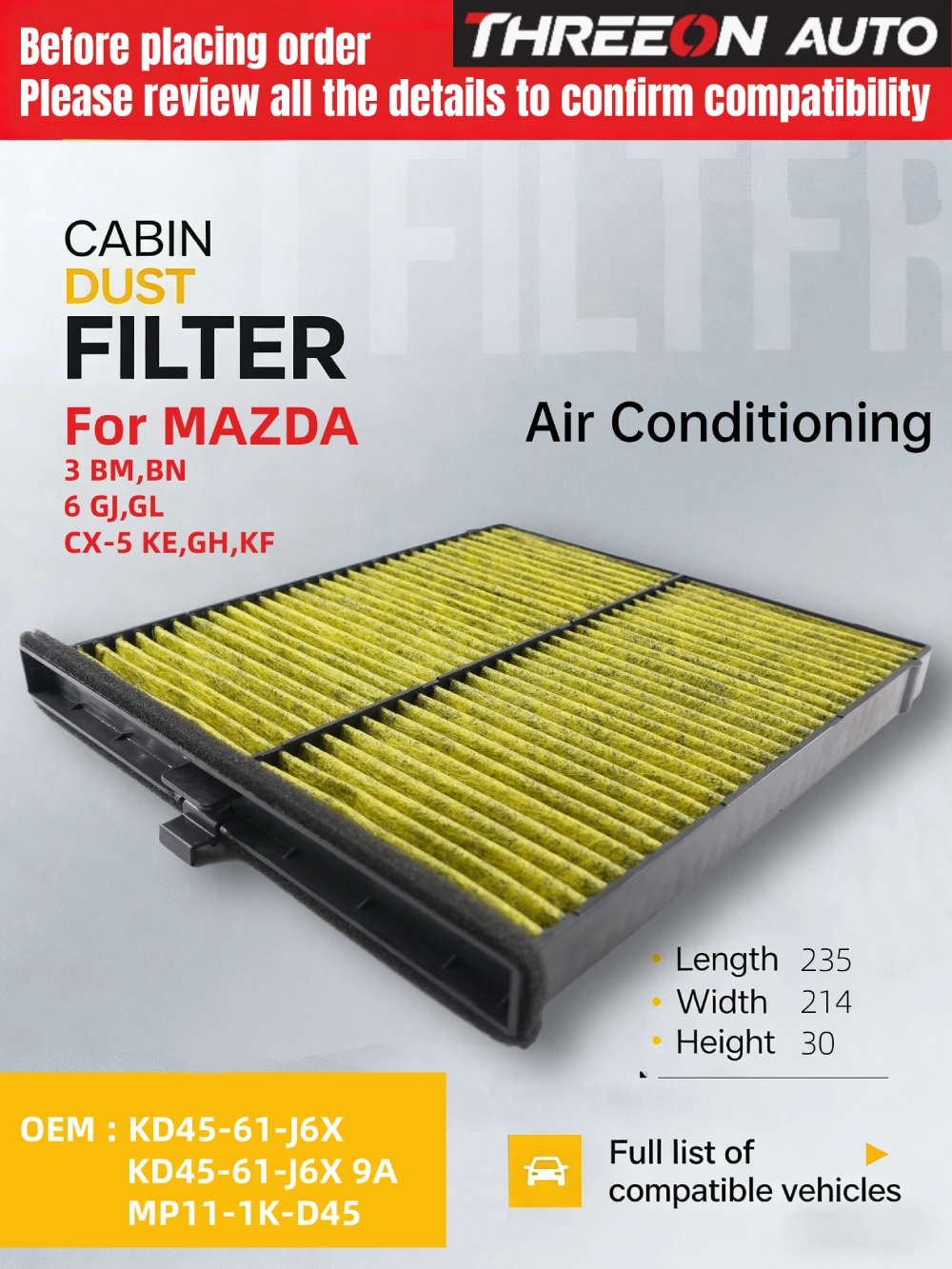 For MAZDA 6 GJ,GL MAZDA CX-5 KE,GH KF Activated Carbon Air Cabin Filter KD4561J6X TK4861J6X CU24009 MK3050P