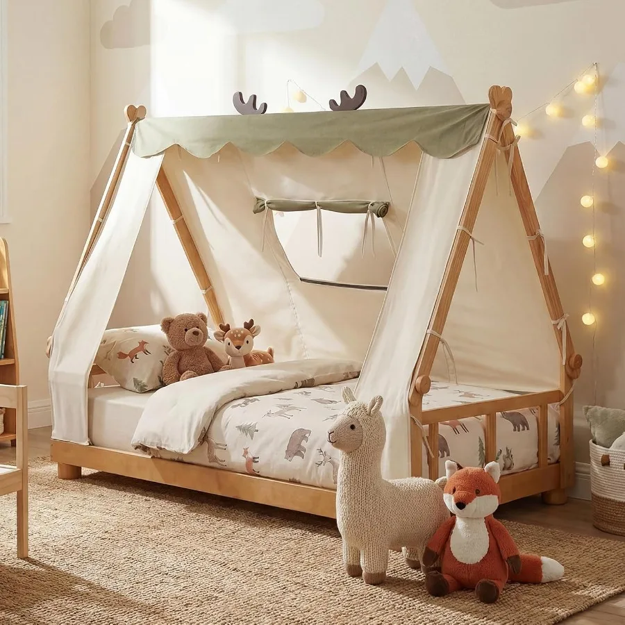 Twin Floor Bed for:House-Shaped Wood Frame in Green with Window, Fence Guard Rails, Wooden Slat Support, No Box Spring Needed,