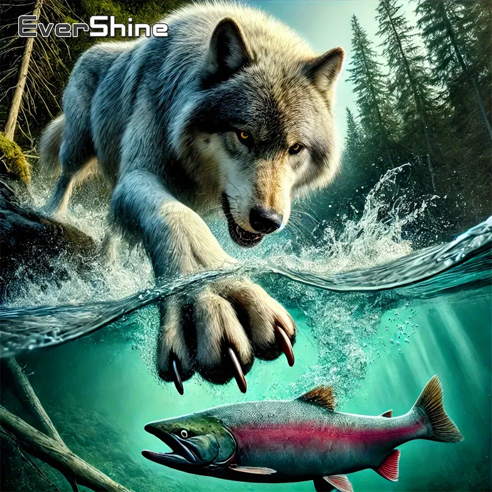 EverShine Diamantmalerei Tier Wolf Vollquadrat-Mosaik Fischbild Strass-Stickerei Baum Heimdekoration