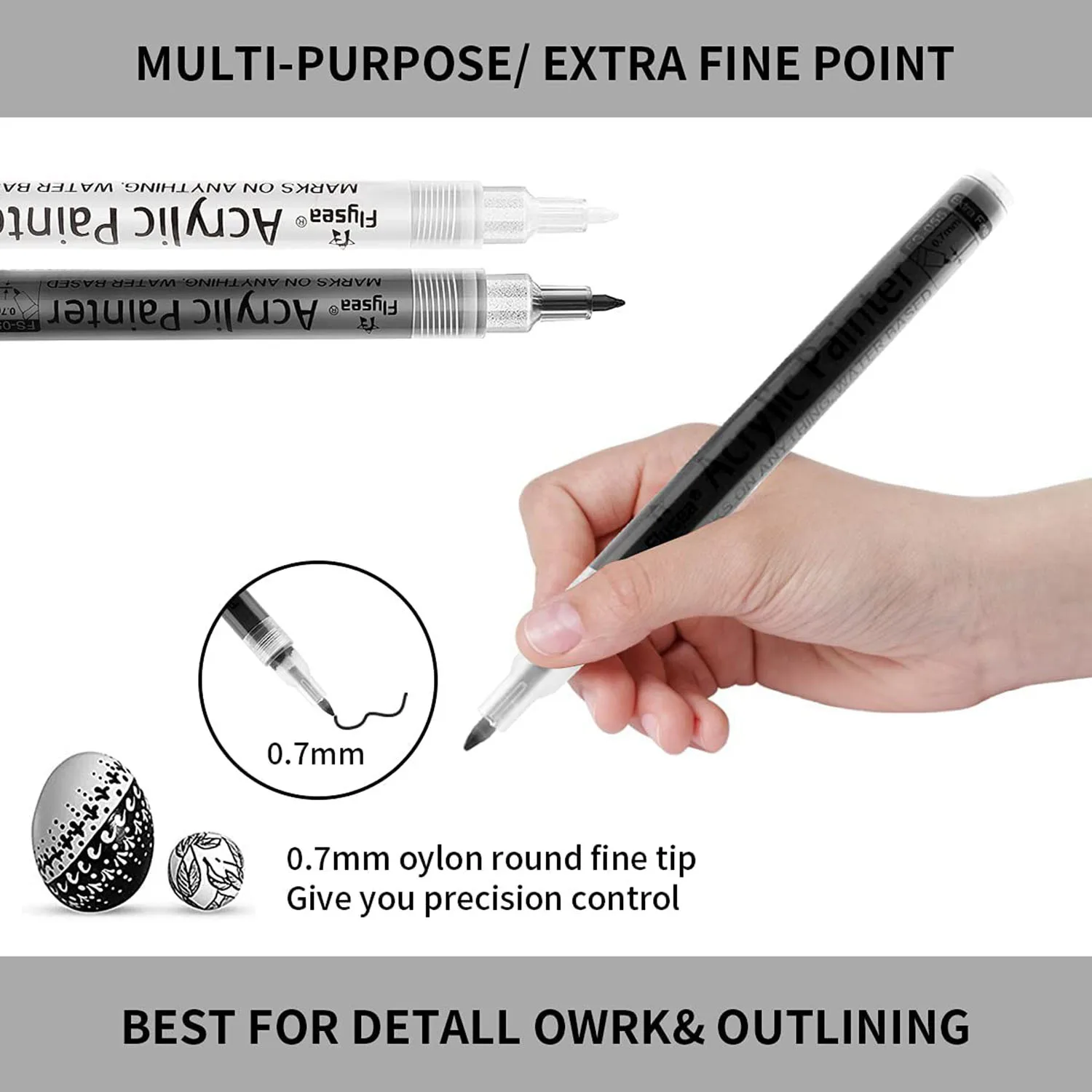 علامات الطلاء الاكريليك للرسم الصخري ، الأسود والأبيض والحجر والسيراميك والزجاج والخشب والبلاستيك والمعادن ، 6 عبوات