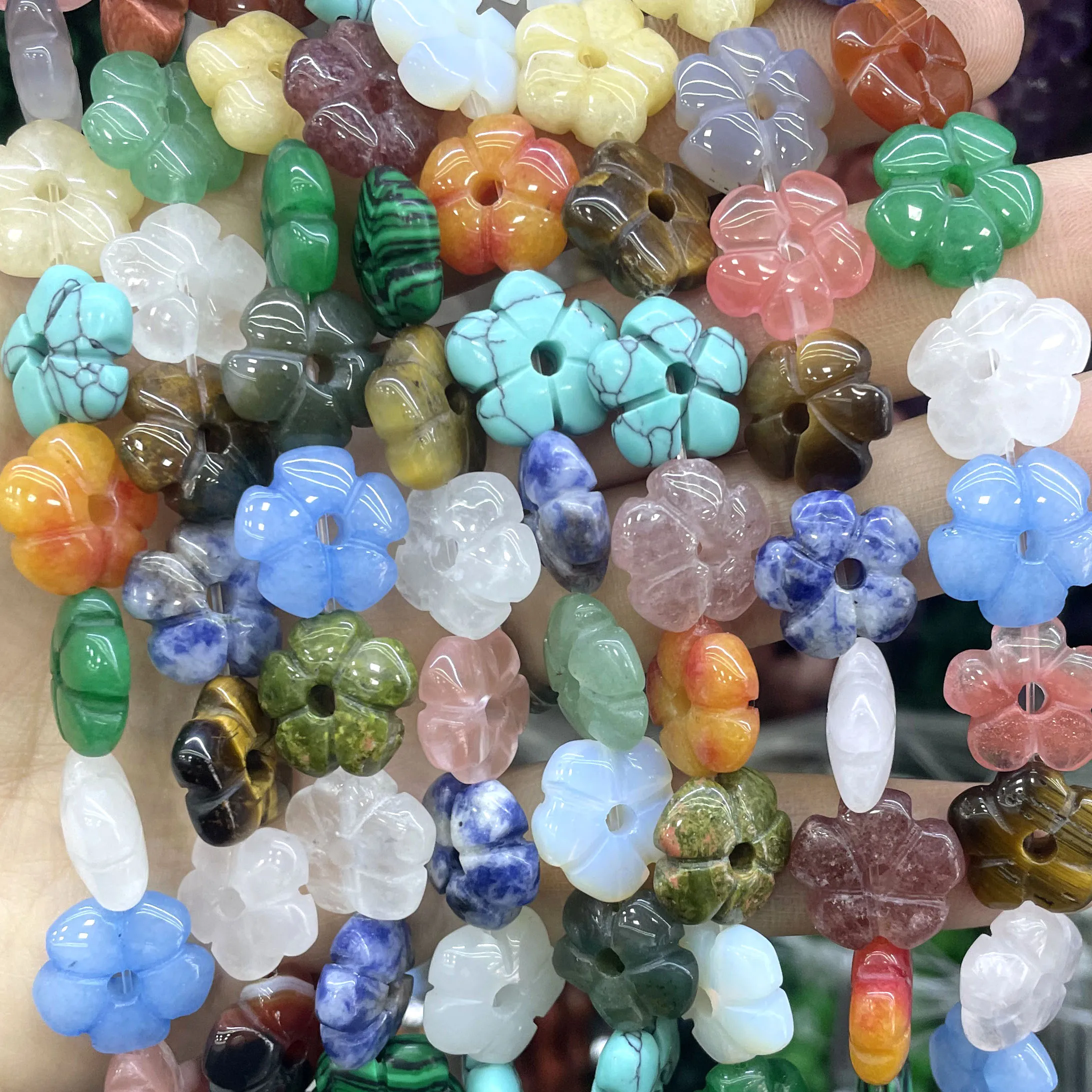 Perles d'espacement en pierre naturelle de 14MM, en forme de fleur, œil de tigre, agates, quartz, aventurine, pour collier, accessoires de fabrication de bijoux