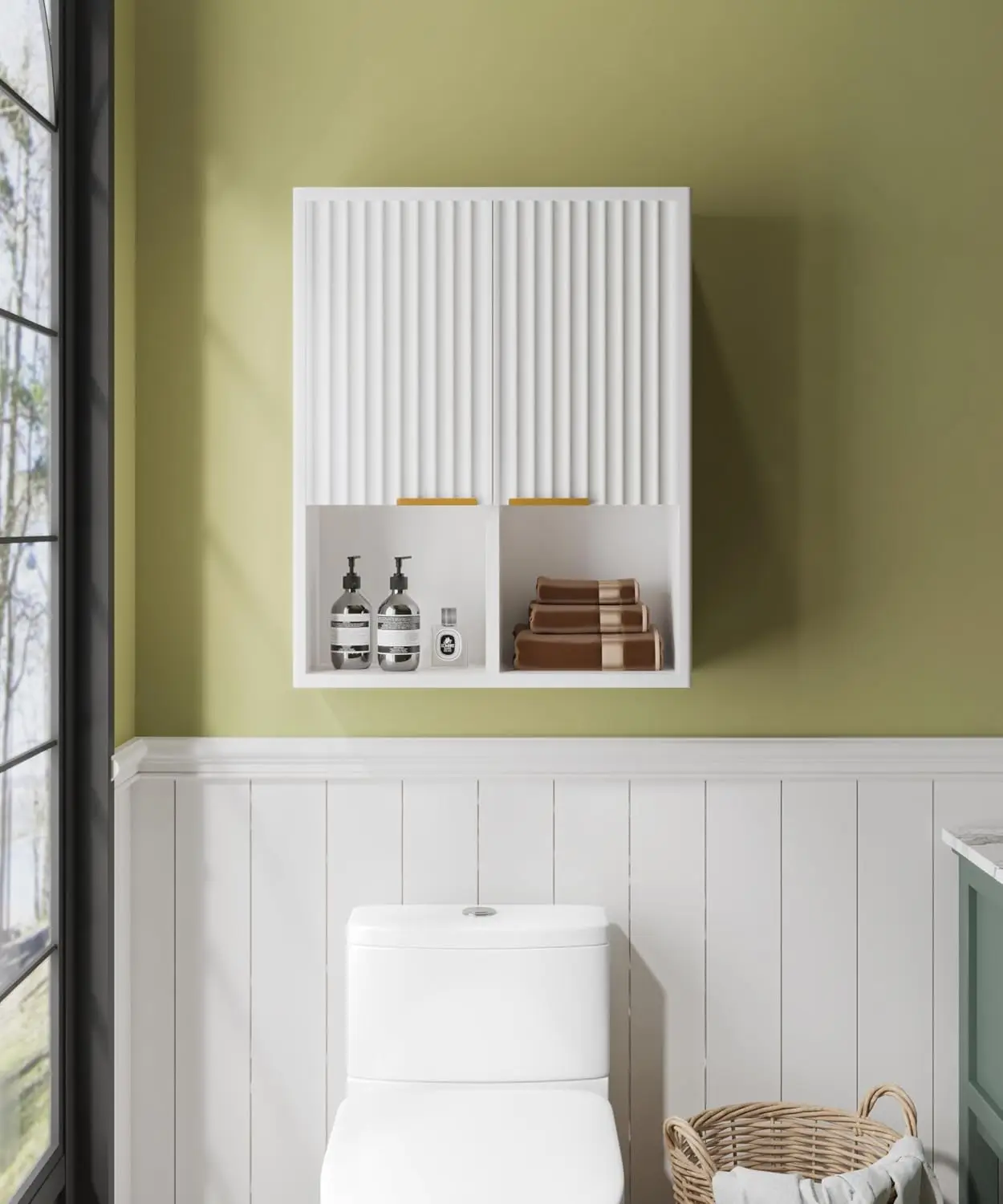 Fluted Bathroom Wall Cabinet with Motion Sensor Light - White | Wooden Wall Mount Medicine Cabinet with Fluted Panel Doors, Adju