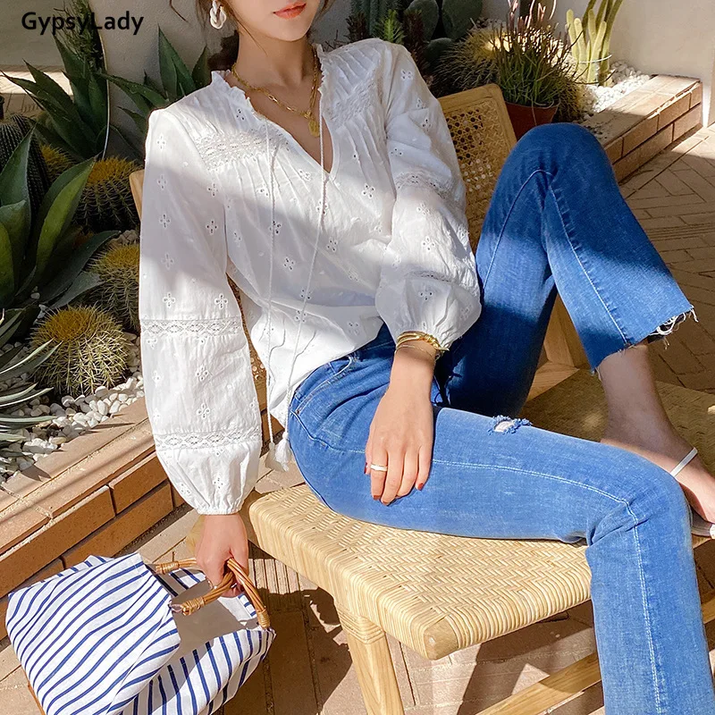 GypsyLady 100% Cotton White Blouse Shirt Eyelet Lace Spring Long Lantern Sleeve Tassles Sheer Sexy Blouse Women Chic Top Shirt