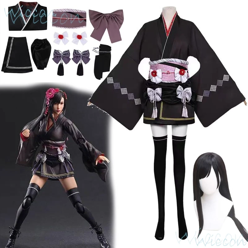 

Tifa Lockhart kimono Final Fantasy VII Re Cosplay FF7 Cos kimono Consume Uniform Black Wig Prop Halloween Party play For Women