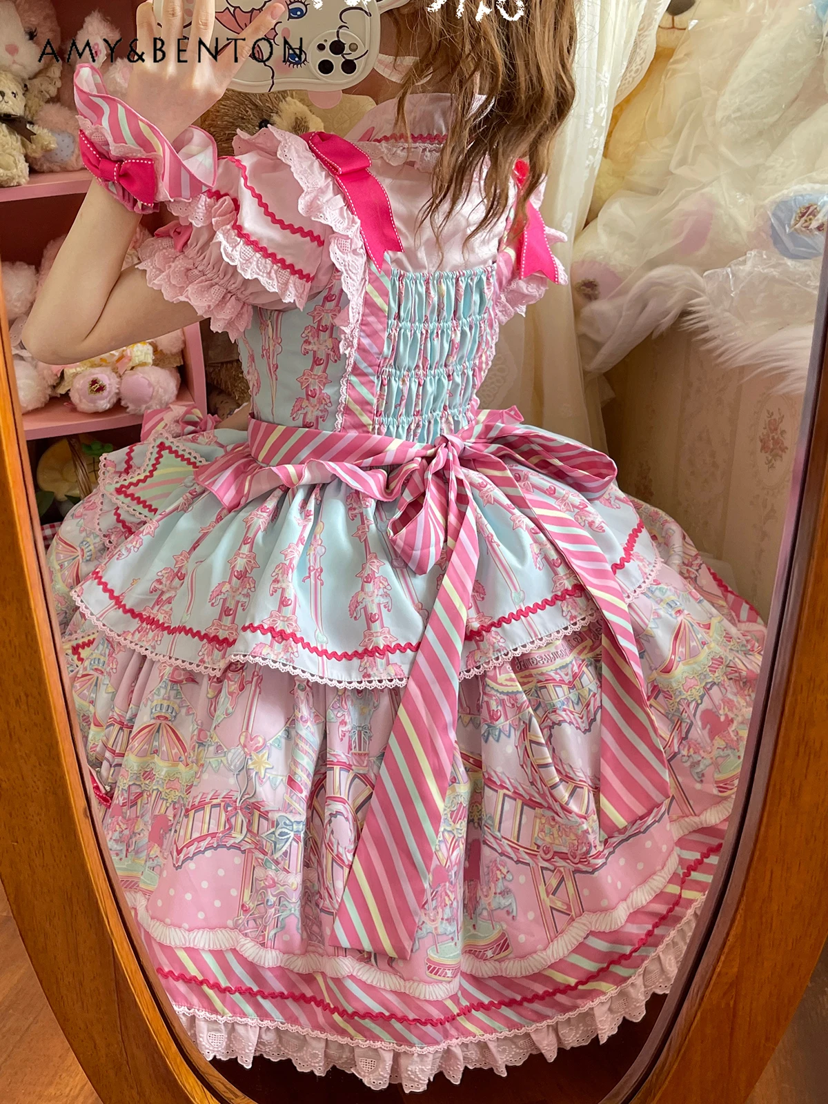 Doces parque de diversões jsk doce lolita vestidos bonito kawaii arco dos desenhos animados impresso retalhos vestido de baile fino mini vestido de verão