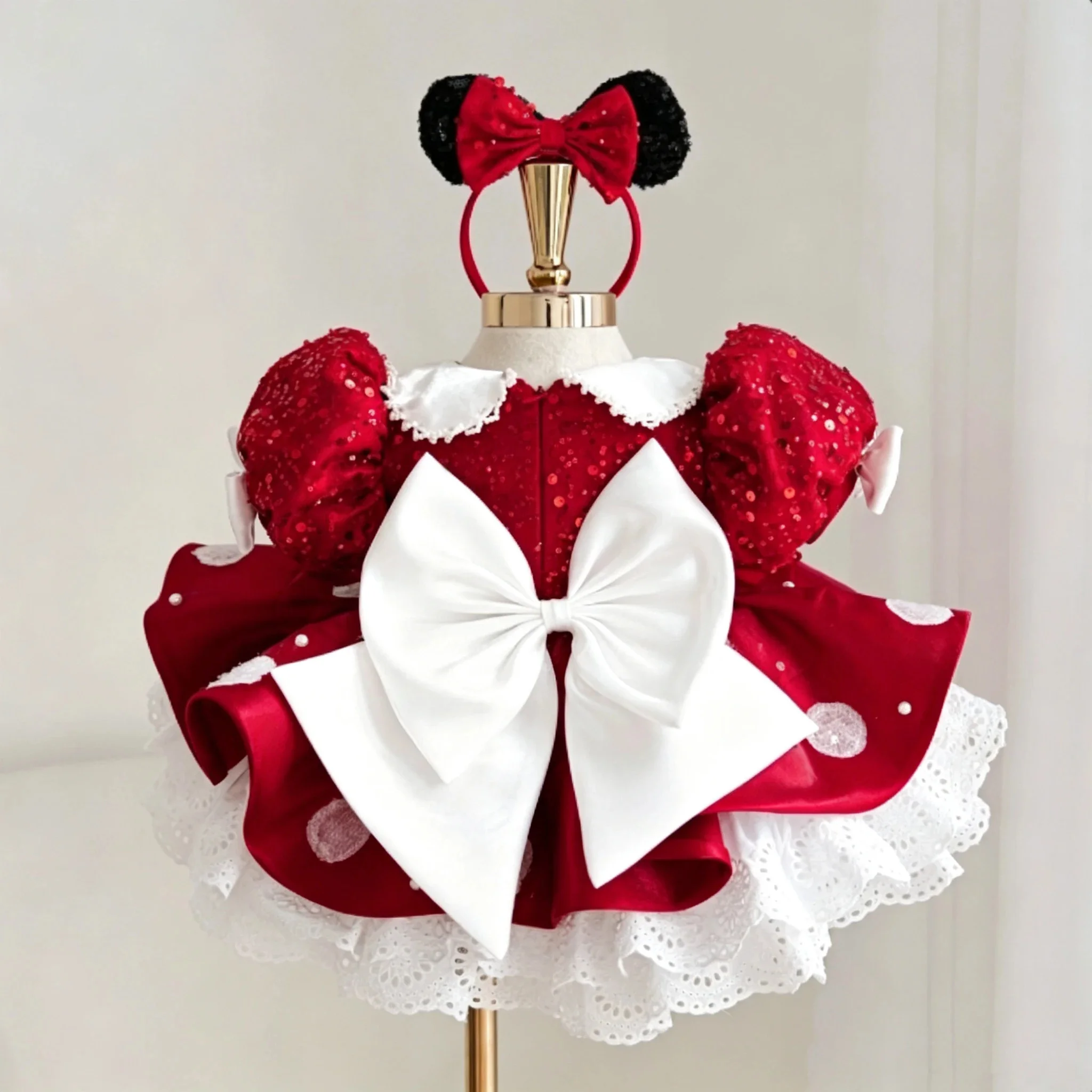 Red Sequins Flower Girl Dresses for Wedding Puff Sleeves with Bow Cute Kids Birthday Party First Communion Ball Gown Custom