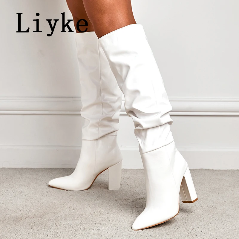 Liyke Size 35-42 White Pleated Leather Long Boots Women Autumn Winter Chunky Heels Motorcycle Knee High Shoes Botas Largas Mujer