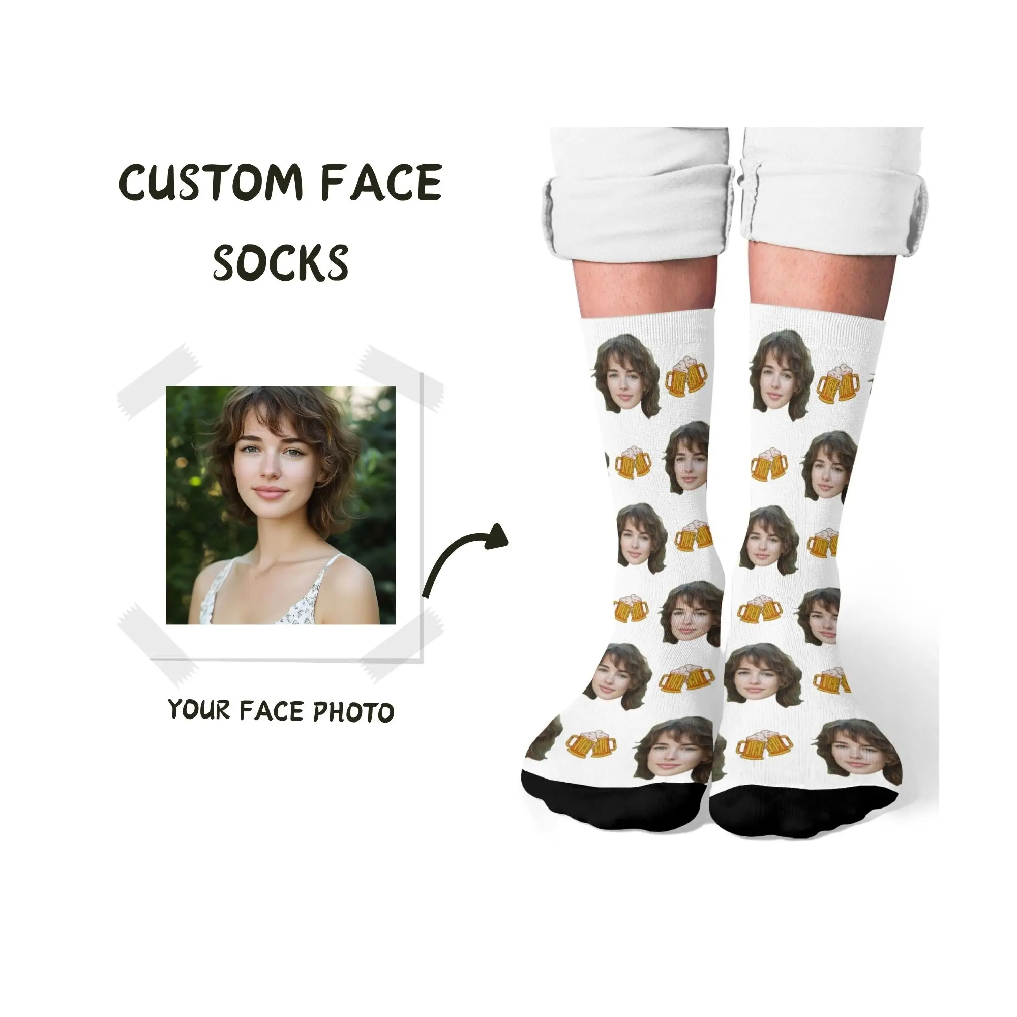 

Party-Ready Custom Face Socks Funny Novelty Beer Mug Print Your Photo on White for Warm Heart Family Friends Gatherings Memory