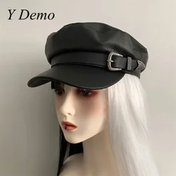 Y Demo Casual Punk Strap Buckle Newsboy Cap Fashipn Women Faux Leather Octagonal Hat