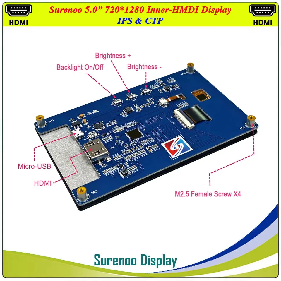 5.0 "5 pollici 1280*720 IPS Interno HDMI-Compatibile HD Modulo LCD Monitor Schermo di Visualizzazione USB Pannello Touch Capacitivo per RaspBerry Pi