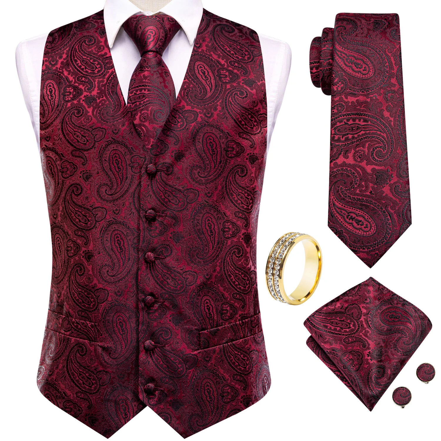 Deep Burgundy Paisley V-Neck Vest 5Pcs Outfit Tie Pocket Square Cufflinks Ring For Stage Performance Show