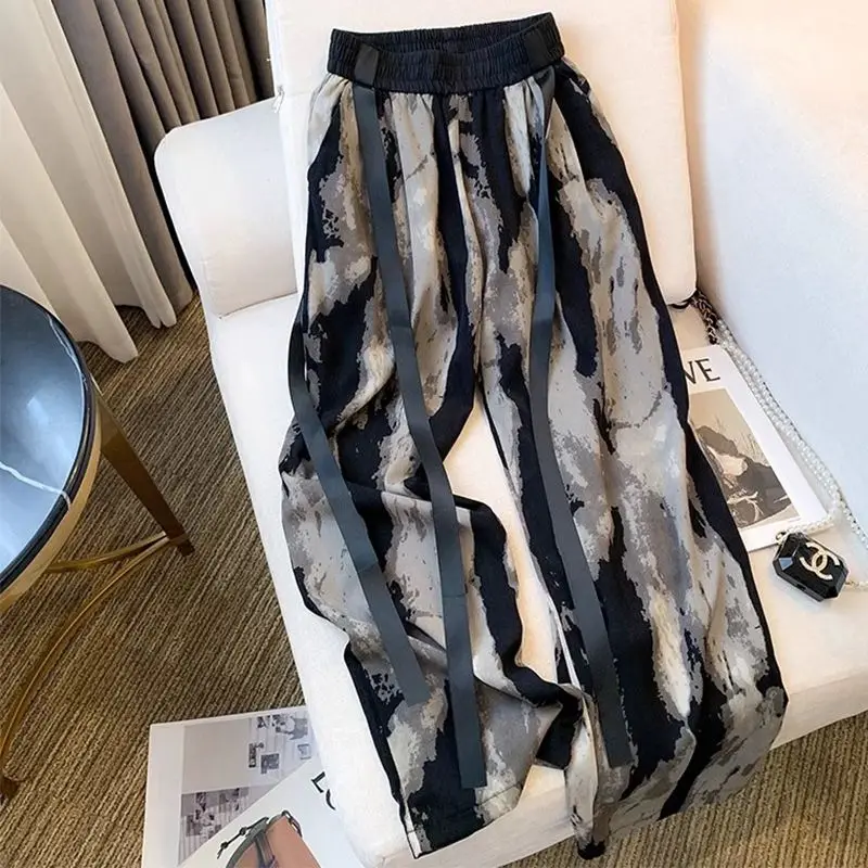 Ice Silk Wide-leg Pants 2024 Summer Women\'s Ink Painting Tie Dye Chinese Style Loose High Waist Sweatpants Trousers Women