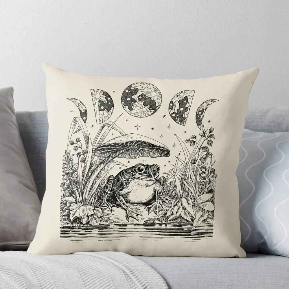 Cottagecore Aesthetic Frog, Mushroom Moon Witchcraft: Vintage Dark Academia, Goblincore Froggy, Emo Grunge Nature F Throw Pillow