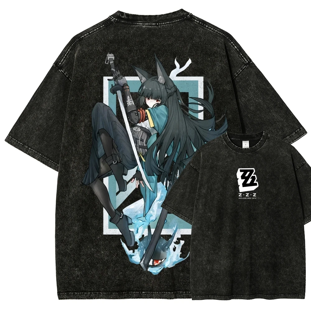 Men Women Vintage Washed Graphic T‑Shirt Zenless Zone Zero Ellen Joe Shark Anime Print Crew Neck Short Sleeve Streetwear Tops