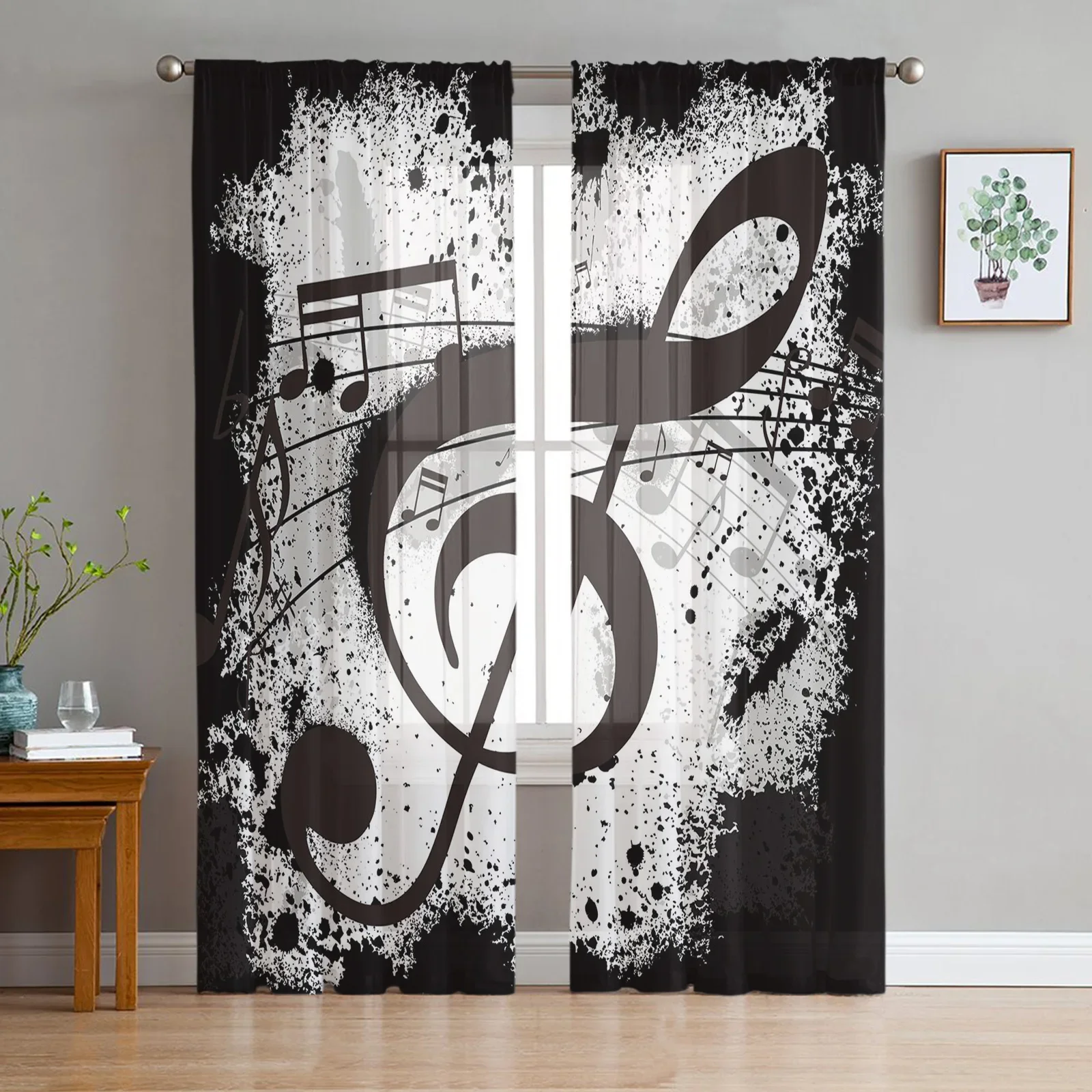 Music Notes Dot Drop Quaver Black Splash Ink Art Tulle Curtains Living Room Kitchen Window Decoration Voile Sheer Curtain