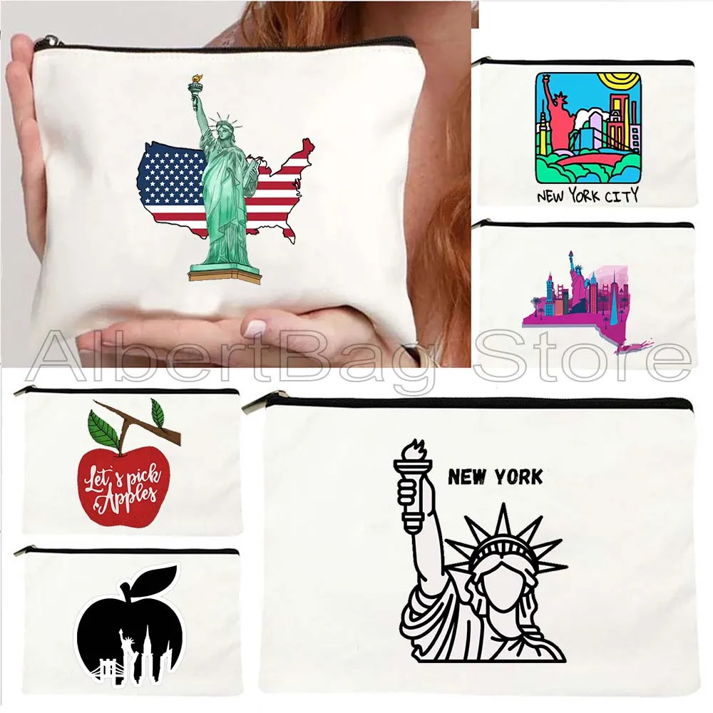 

New York City The Big Apple NY Gifts Statue Of Liberty Stamp San Francisco Alphabet Canvas Cosmetic Makeup Bag Pencil Case Pouch