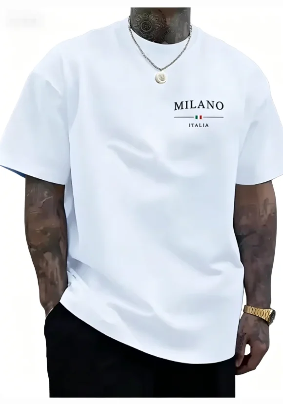 Men's Casual Short Sleeved T-shirt Paired with Milan Italian Print Round Neck Outdoor Summer Top, Breathable and Comfortable Dry