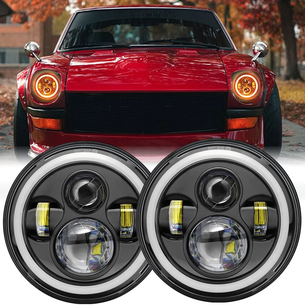 

7 Inch Led Headlight For Jeep Wrangler Datsun 280ZX 240Z 260Z Lada Niva 4x4 H4 DRL Round 7'' Headlights With Angel Eyes Halo