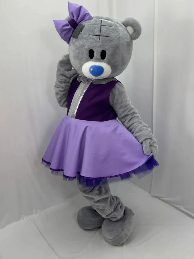 

Purple Dress Grey Bear Mascot Costume Adult Cartoon Characters Walking Doll Clothes Halloween Birthday Wedding Carnival Party