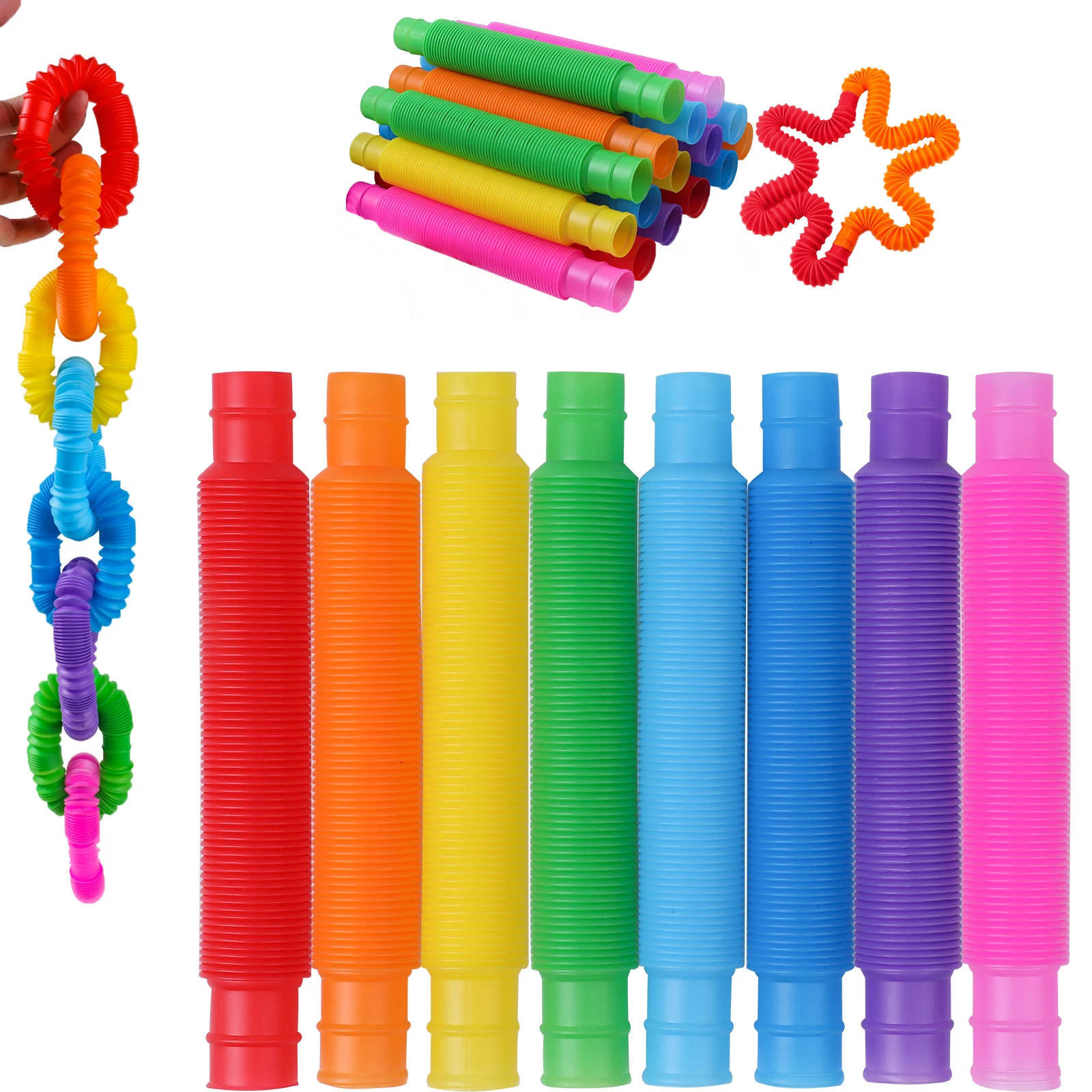 Elastic Pop Tube Sensory Toys 24pcs Telescopic Colourful Anti-Stress Stress Anxiety Relief for Children Adults Learning Toy Gift