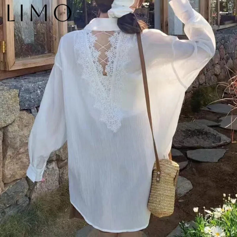 

LIMO Spring Summer 2025 Casual Blouse Loose Fit Solid Color Back Cutout Lace Pockets Chic Premium Quality Elegant