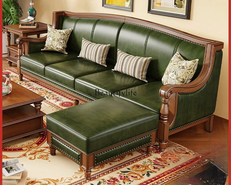 

jj *American leather sofa first layer cowhide simple and beautiful country small beauty style cherry wood