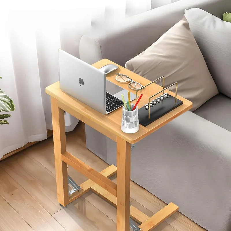 24'' Folding TV Tray Table, Bamboo C Shaped End Table Slide Under Couch, Small Sofa Side Laptop Desk