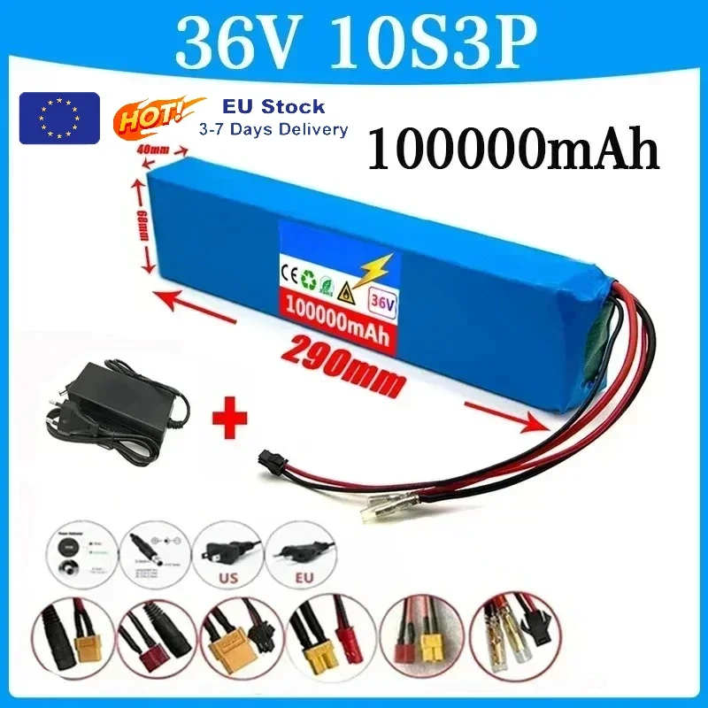 LIKEKALA Batería Recargable De Litio, 36v, 100000mah, 18650, 10s3p, Bicicleta Modificada, Scooter, Batería Con Cargador BMS +.
