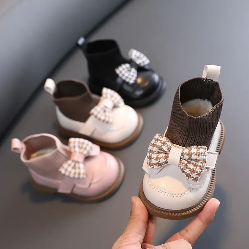 Baby Girls Fashion Bow Tie Boots Children Thick Plush Winter Cotton Shoes Kids Outdoor Boots Plus Toddler Waterproof Infant Shoe