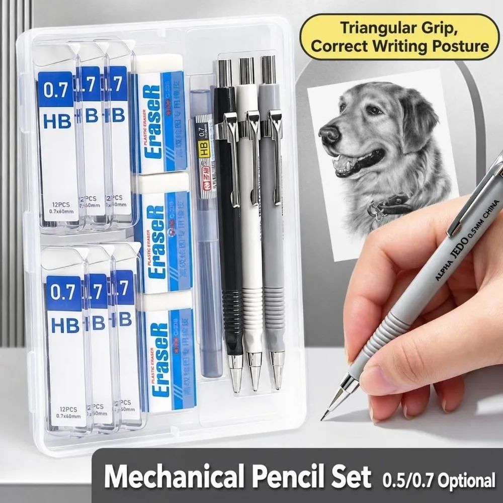 Triangular Grip Mechanical Pencil Set HB with Lead Refills & Erasers Automatic Pencils 0.5/0.7mm Propelling Pencil Kit Students