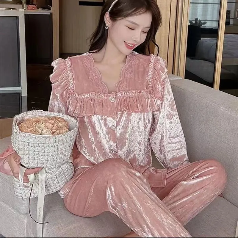 Palace style princess nightgown lady Autumn winter canary sweet lace spring autumn long sleeve trousers home dress two-piece set