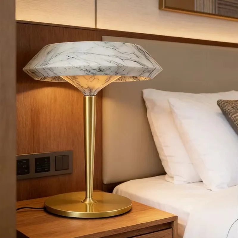 Luxury faux marble resin and copper table lamps, 6w warm white plug-in bedside lamps for elegant living room and bedroom decor
