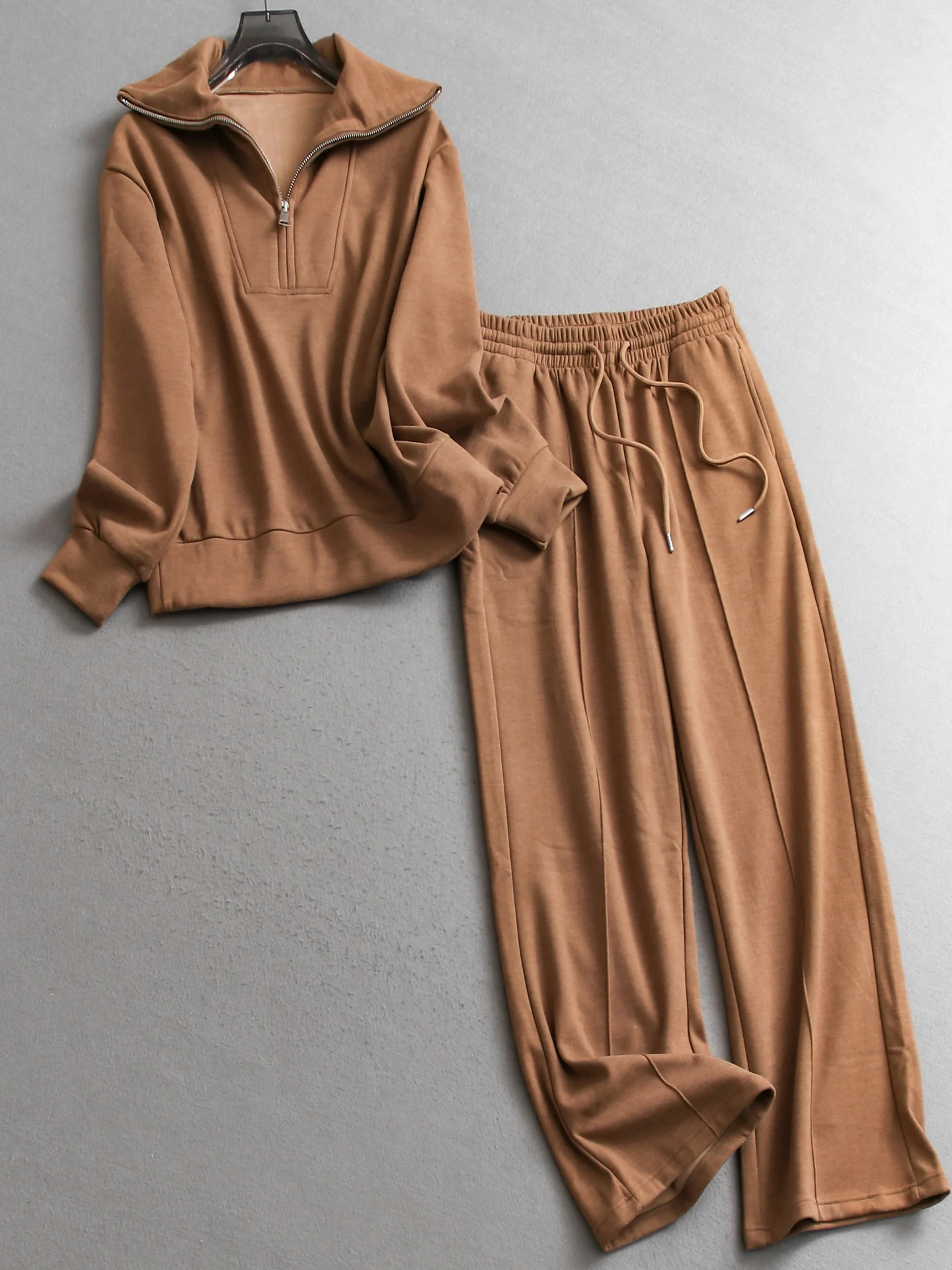 レディースカジュアルロングスリーブパーカー＆パンツセットジッパーカラールーズスリムスポーツウェアツーピースポリエステルロングパンツ