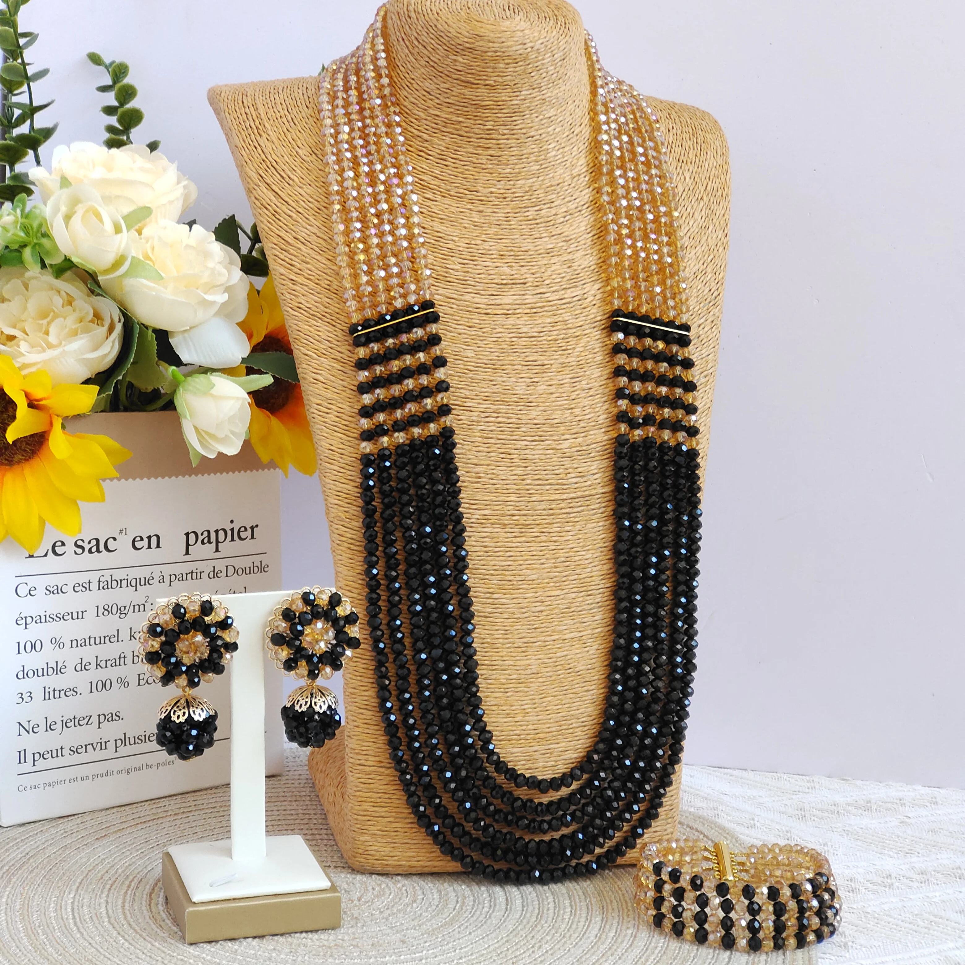

6Layers 32inches long necklace champagne gold and black crystal traditional beads africa nigeria