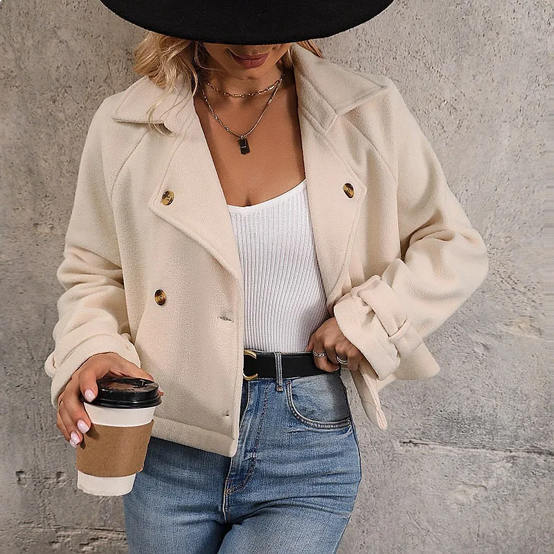 Wool Blend Coat Outerwear Double Breasted Lapel Tweed Coats Women Spring Summer Short Outerwear