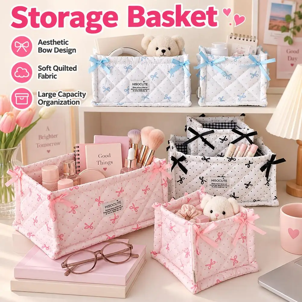 INS Wave Point Bow Stationery Storage Box Pen Holder Student Stationery Girl Quilted Cosmetics Desktop Organizing Storage Basket