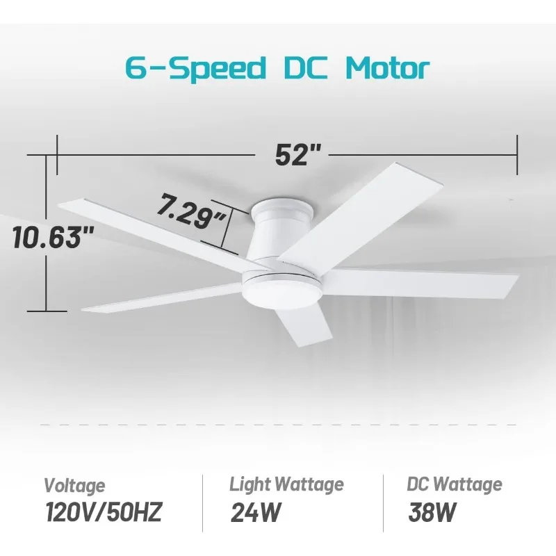 Ventilador de teto com Luz, Branco Flush Mount, reversível Motor, sincronismo, Regulável, 6 Velocidades, DC, 52"