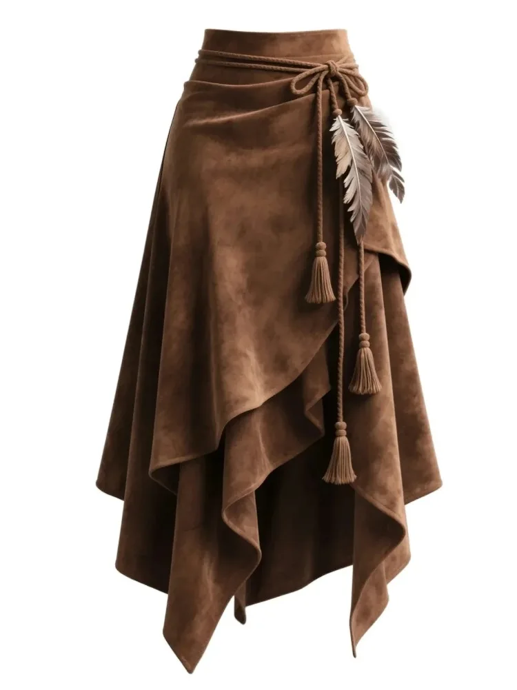 Women's Vintage Suede Midi Skirt High Waist Irregular Asymmetric Hem With Tassel Feather Braided Belt Western Casual Long Skirt