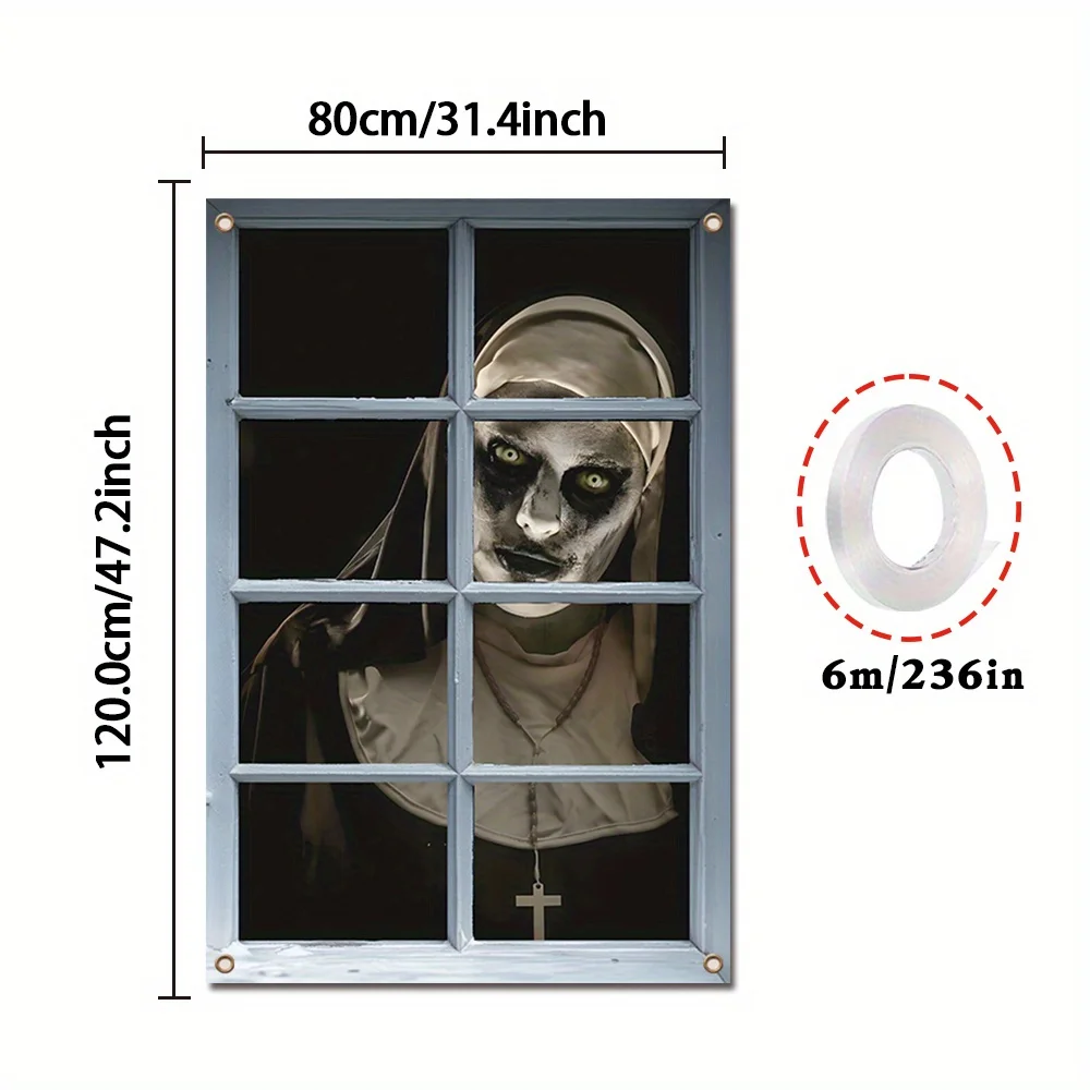لافتة نافذة مسطحة ثنائية الأبعاد على شكل نون زومبي للهالوين - ديكورات حفلات من البوليستر مع رشات الدم