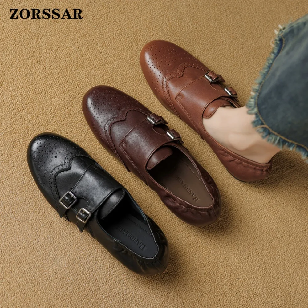 

2026 Spring Autumn Ladies Genuine Leather Falt Shoes Vintage Versatile Loafers British Style Fashion Anti Slip Dress Womens Flat