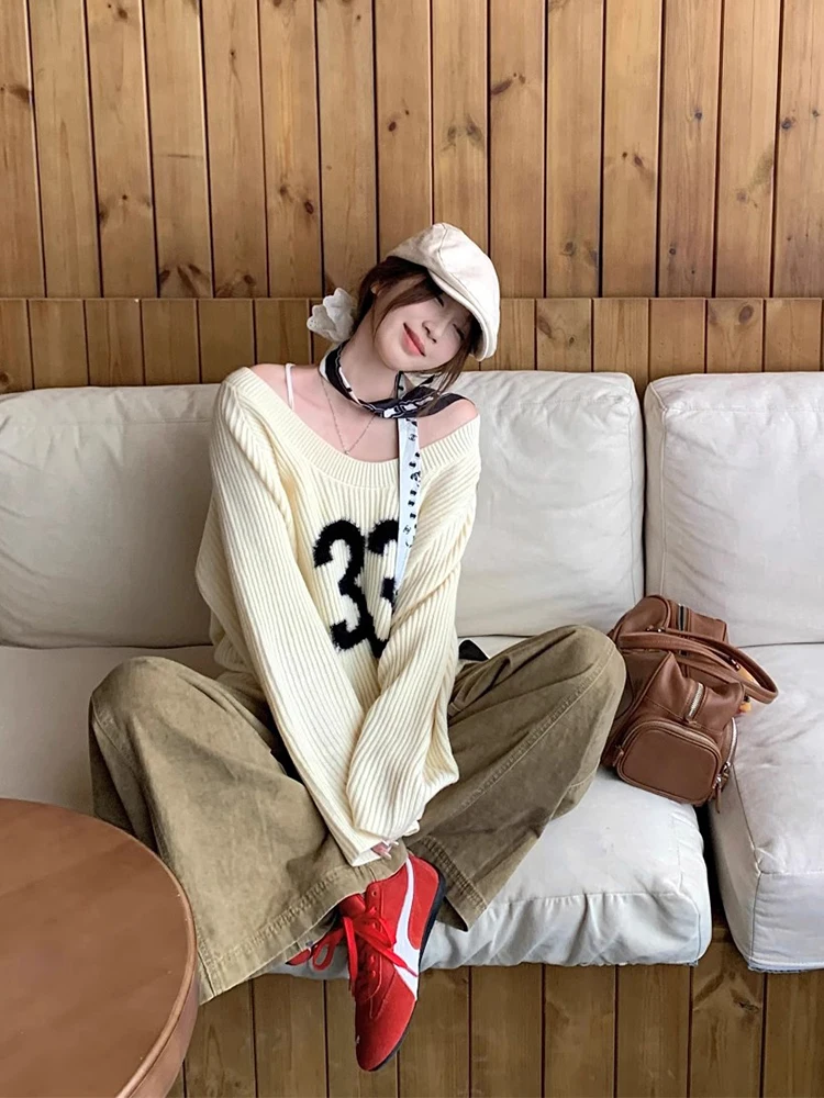 กางเกงยีนส์ขากว้างสีกากีสำหรับผู้หญิง สวมใส่สบาย เอวสูง ทรงบาน ใส่ทำงานได้ สไตล์ลำลอง แฟชั่นฤดูใบไม้ร่วงและฤดูหนาว