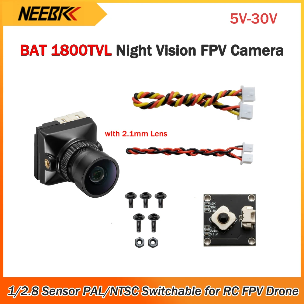 NEEBRC BAT 1800TVL Night Vision FPV Camera with 2.1mm Lens 5V-30V 1/2.8 Sensor PAL/NTSC Switchable for RC FPV Racing Drone DIY