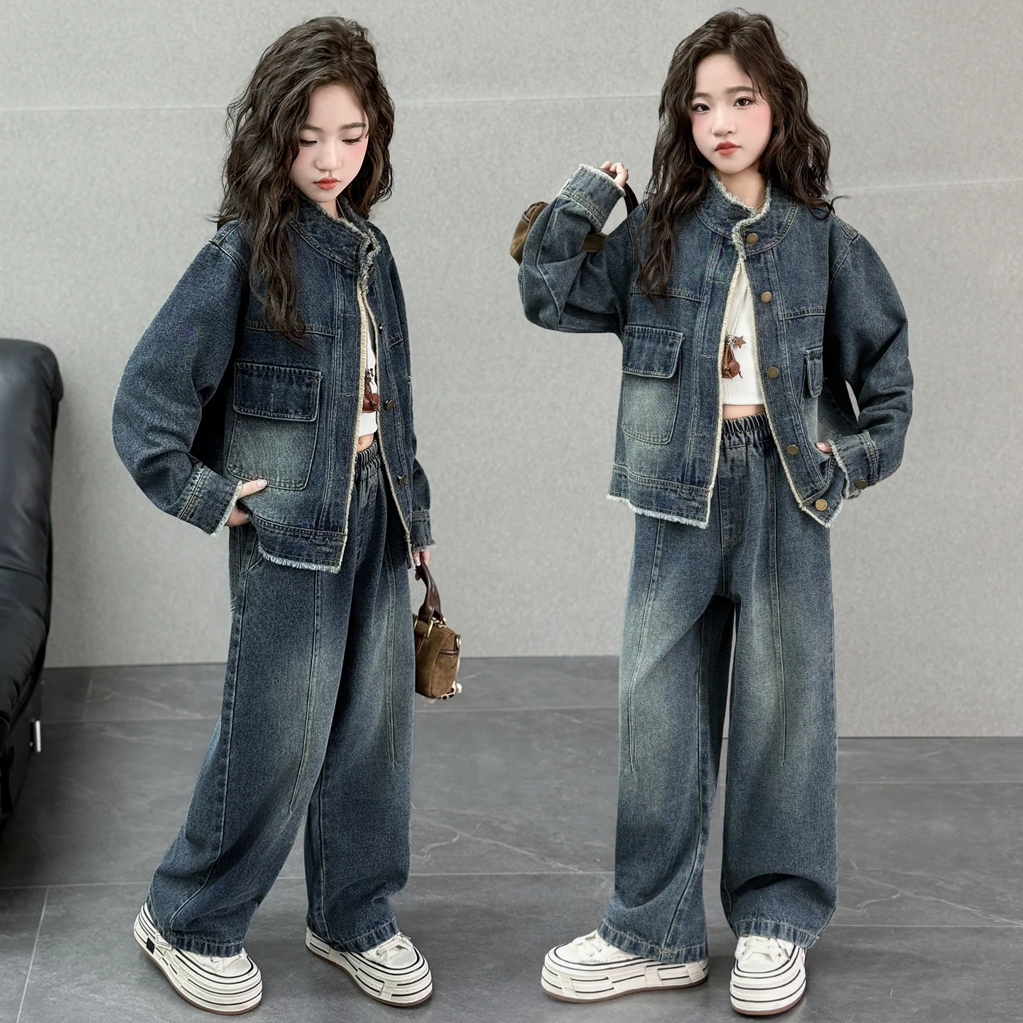 

Детский джинсовый костюм-двойка, куртка с воротником-стойкой, брюки в полный рост, для девочек 7–14 лет, весенне-осенний комплект