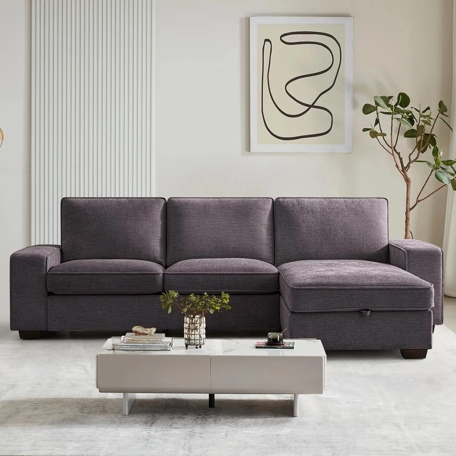 

100" L-Shaped Couch with Storage, Chenille Upholstered Deep Seat Couch, Sofa with Reversible Chaise, Removable Cover