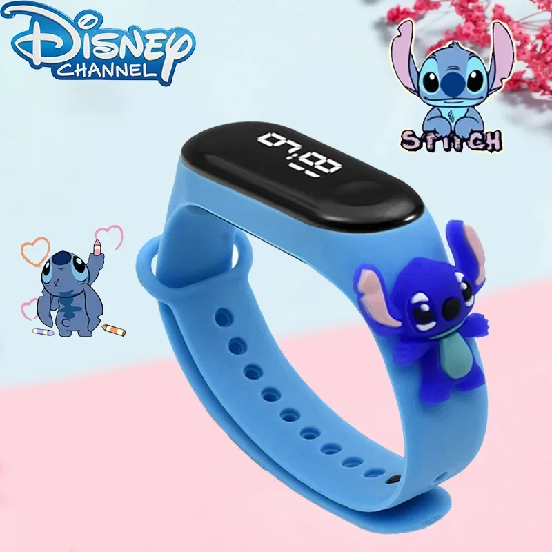 Disney Stitch jam tangan elektronik anak, boneka kartun anti air LED sentuh olahraga elektronik animasi hadiah anak-anak Anime